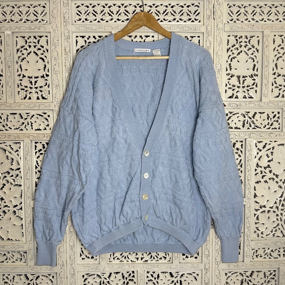 Vintage Light Blue Chunky Knit Aztec Geometric Oversized Slouchy Cardigan‎ Sz M